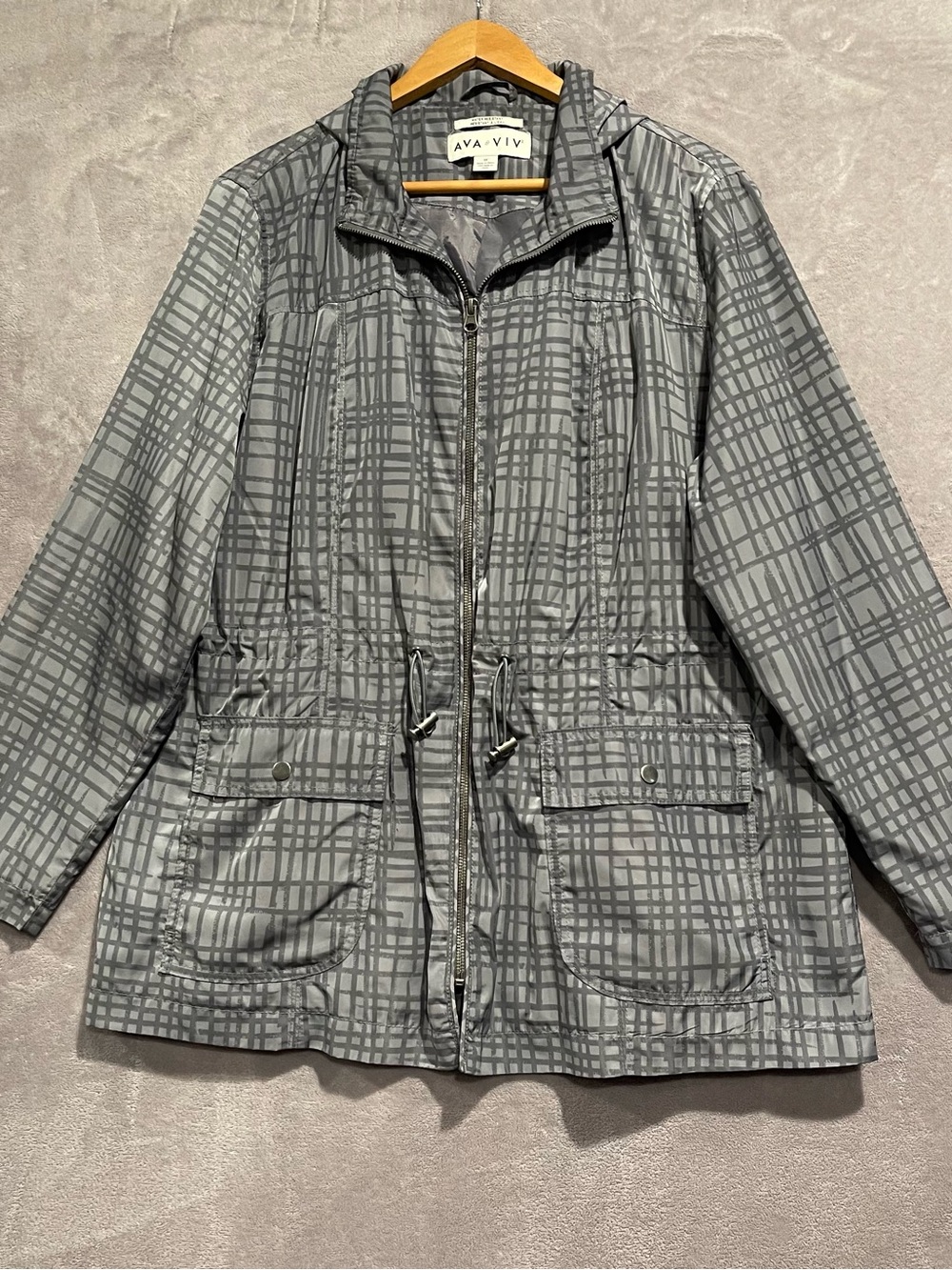 Ava & Viv Gray Plaid Utility Jacket Water Resistant Women Size 1X Hooded Zipper
